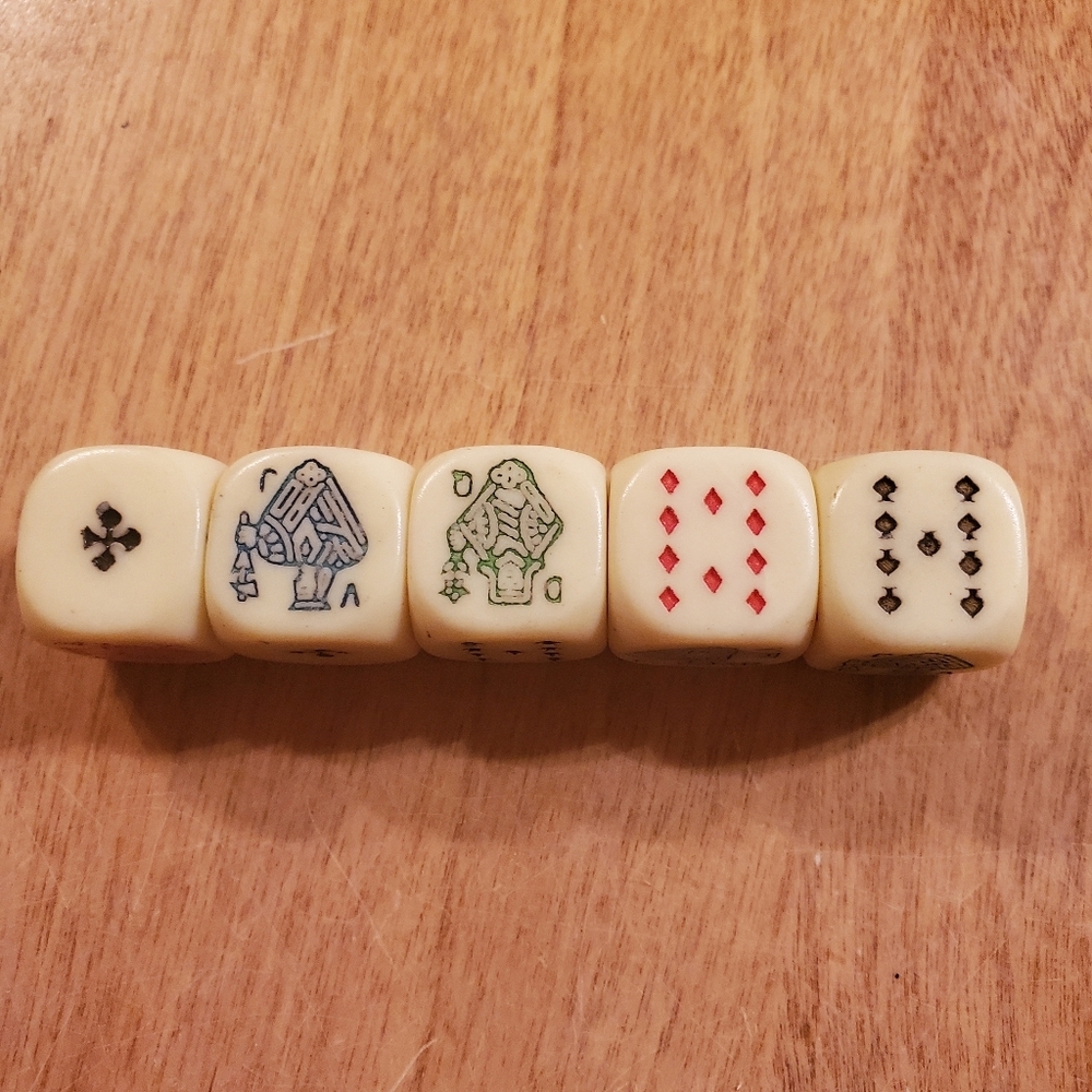 50s Vintage Poker Dice Set of 5 Cream  Celluloid Bakelite Era Card Game Art Dec